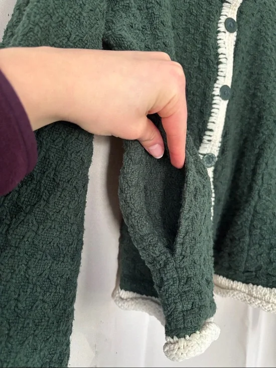 Coldwater Creek Dark Green Textured Button Cardigan with Cream Trim - Picture 3 of 4